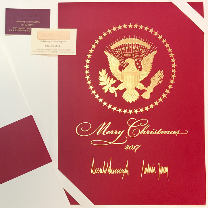 Machined sculpted multi-level brass emboss of the President's Seal registered to foil on thick card stock