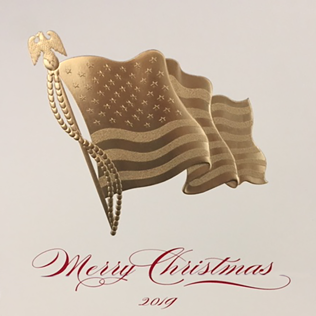 Machined sculpted multi-level brass combination foil and emboss of the American Flag for White House Christmas Card 2019