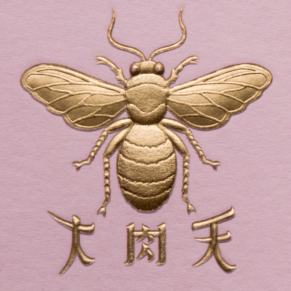 Sculpted multi-level emboss of stylized bee and Asian characters registered to foil on thick paper stock