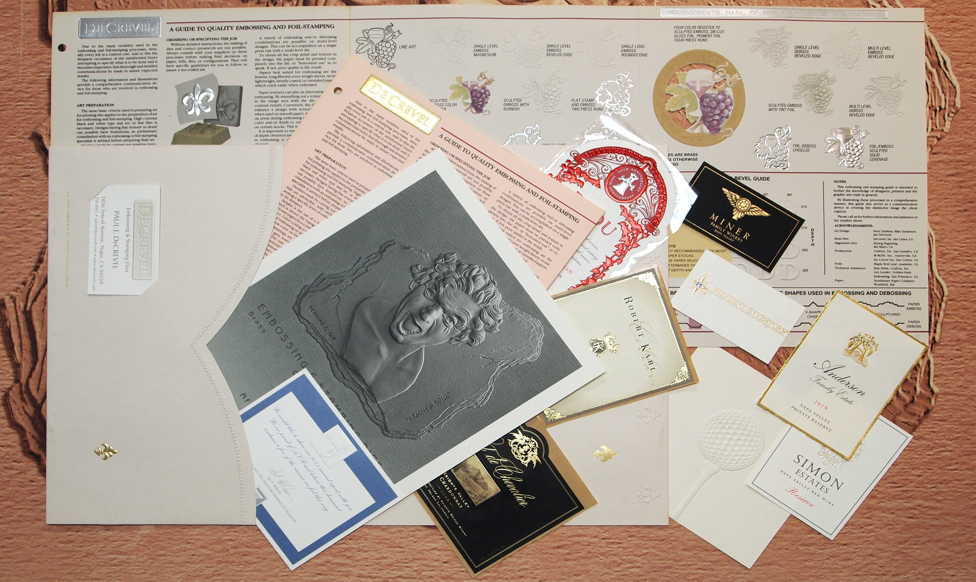 Informative packet that includes emboss, deboss, and foil samples along with a fold-out guide of illustrated examples